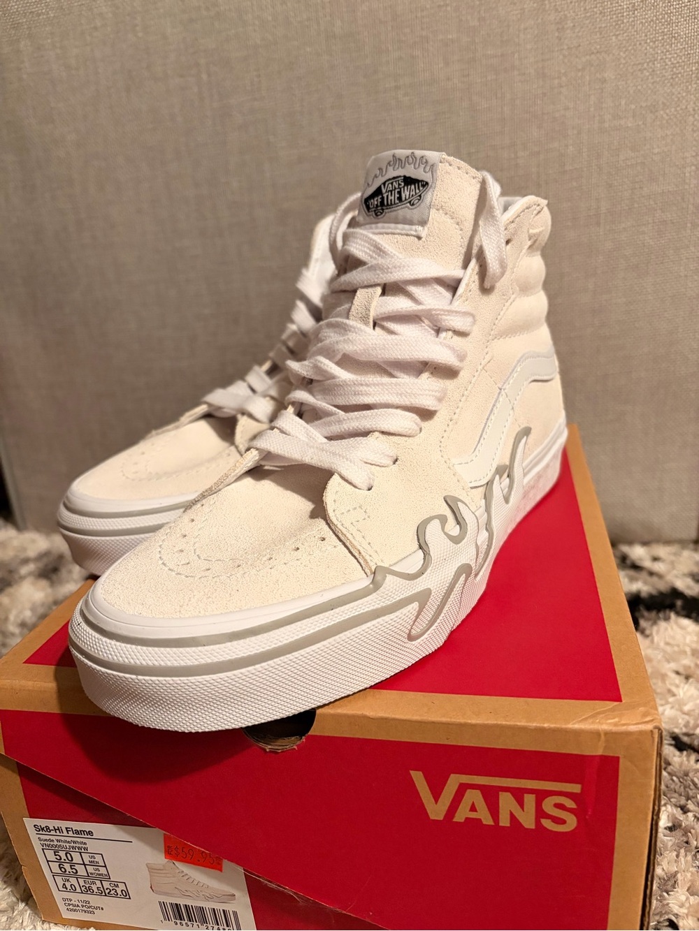 Vans Kids Sk8-Hi Sneakers in Off-White with Light Gray Flame